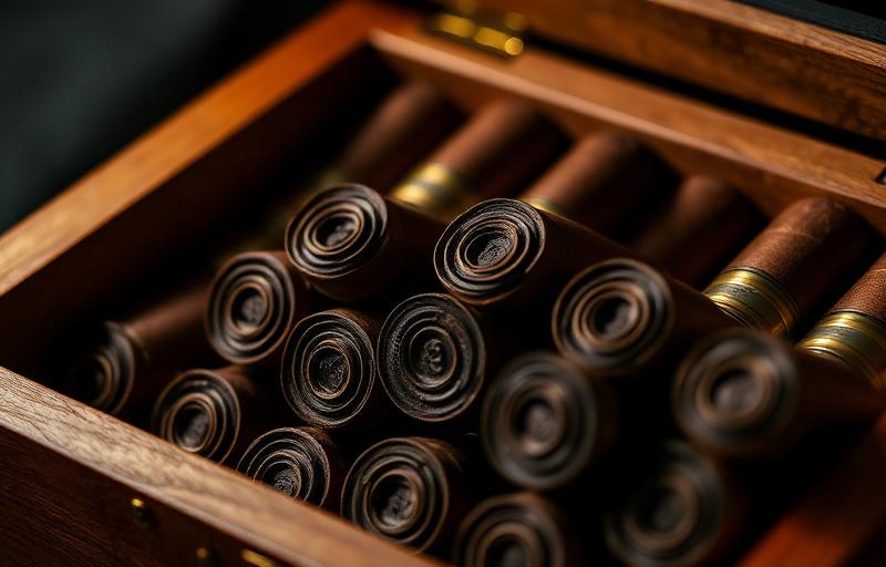 Premium aged cigars in a wooden humidor