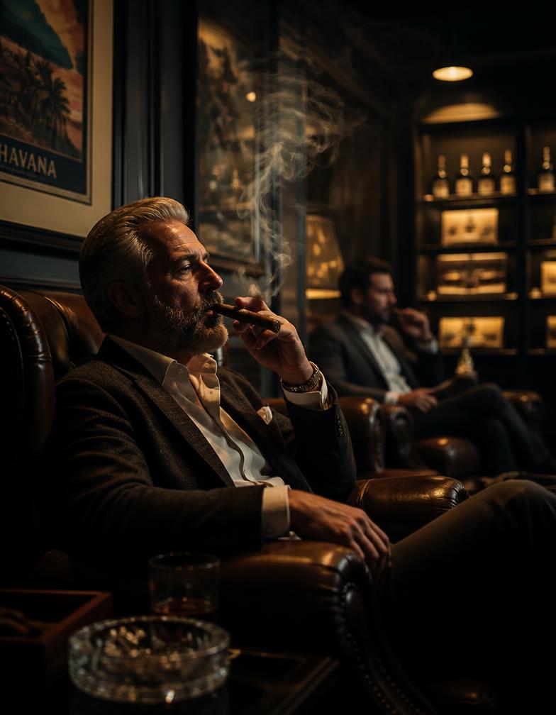Dimly lit cigar lounge with smoke drifting through warm light